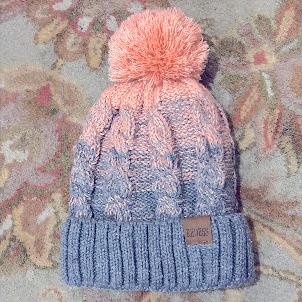 Two-Tone Pink and Gray Knit Pom Beanie